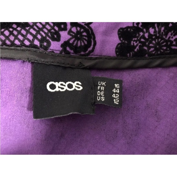 Asos |  Embroidered Flounce Ruffle Skirt Size 12 Purple Pencil Mini Skater - Picture 11 of 11